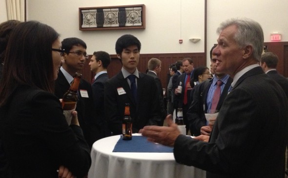 John Beuerlein (pictured right), MBA'77, General Partner at Edward Jones, with Olin students. 