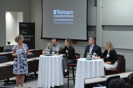 "Will Millenials Today Want an EMBA Tomorrow" panel participants from left: Ann Carrel, Northern Illinois Univ.,Toby Cortelyou, Booth School of Business, Univ. of Notre Dame, Sach Odem, Univ. of Missouri, Sarah Gibbs, Olin Business School.