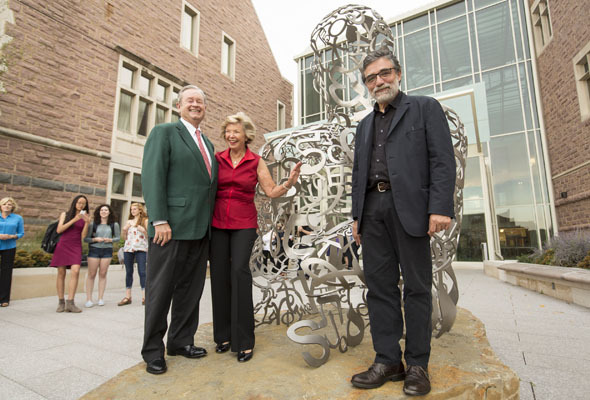 Gil and Marty BIckel with Jaume Plensa and his sculpture Ainsa I.