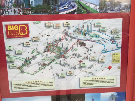 Bus tour map of Shanghai. Tour start on Nanjing Road near Peoples Park. 