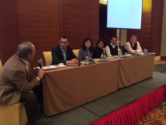 Lee Konczak moderates panel discussion. From left Konczak, Laurent Blaevoet, Liang Want, Jessie Jiang, Frankie Yip, and Brian Ohlrich. 