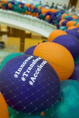 Dozens of balloons will drop from the 3rd floor Atrium level onto the Frick Forum at the celebration.