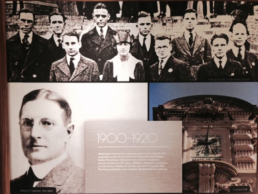 Top: first graduating class of the School of Commerce and Finance; lower left, William Gephardt; lower right, Duncker Hall, the first building built expressly for the business school in 1923.