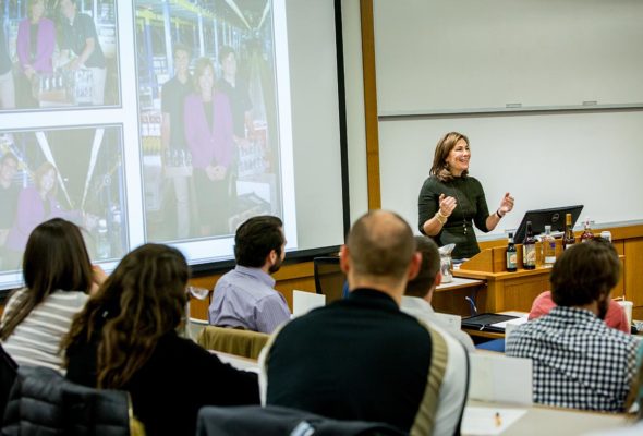 Major Brands CEO Sue McCollum visits Olin's Defining Moments course in Feb. 2017.