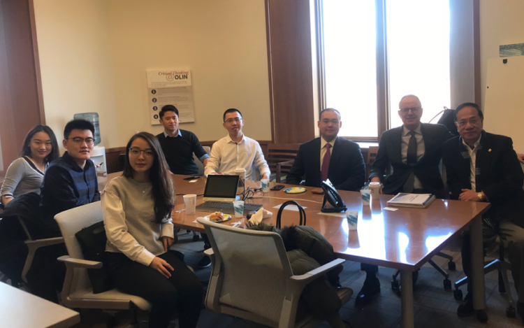 Albert Ip, board of trustee member and executive fellow in Asia; Greg Hutchings of the Weston Career Center; Roger Shi, Mack Yang, Wendy Cai, Ethan Xu, Sarah Liu.