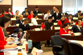Members of the EMBA Shanghai class 16 attending a last week of class before graduation on October 26.