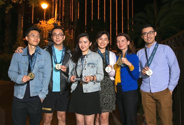 Pictured with their medals from the Teradata Analytics Competition: Di Ai; Songyi Wang; Ariel Tien; Eileen Liu; Olin faculty advisor Yulia Nevskaya; and Ziwei Lu.