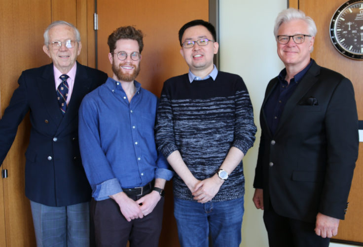 Dick Mahoney, Jake Feldman, Dennis Zhang and Dean Mark Taylor at the announcement of the two professors