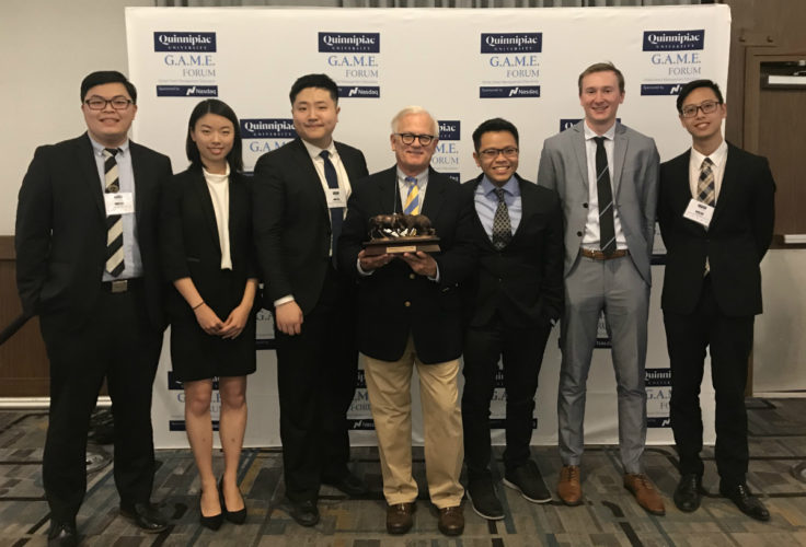 Tom Tian, BSBA; Lilu Li, MSF-WAM; Robert Huang, MSFC; Tim Solberg; Alvin Nguyen, MSFC; Carl Compton, BSBA; James Pai Hao-Lun, MSF; winners of the 2019 Quinnipiac portfolio competition.