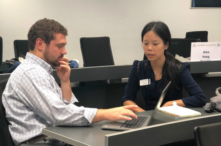 A team of MBA students get to know each other—and themselves—as part of a small group interview exercise in Barcelona in July 2019.