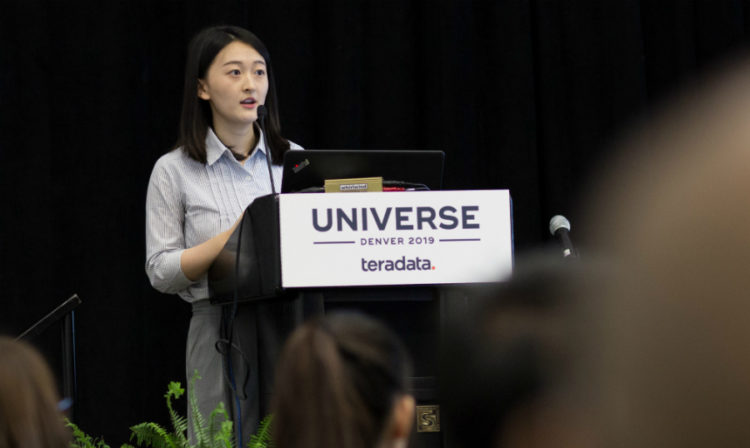 Sandy Sun, MSSCM '19, delivering her team's presentation at the 2019 global Teradata analytics competition in Denver.