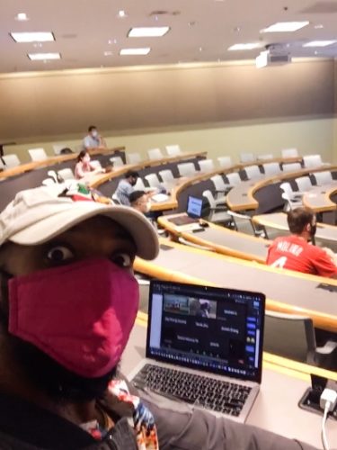 Tyler Edwards, MBA '21, in a class during the first week of fall 2020, masked up and socially distanced.