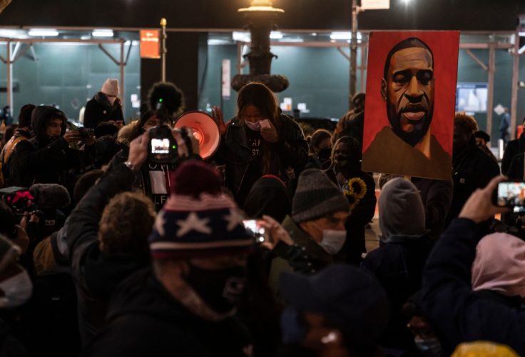 Protesters rally and march on March 8 in New York City’s Bryant Park on first day of police officer Derek Chauvin’s trial in the killing of George Floyd. Photo courtesy Shutterstock.