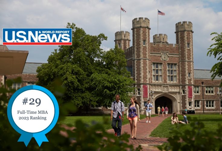 Brookings Hall with US News logo and #29 ranking in the full-time MBA list.