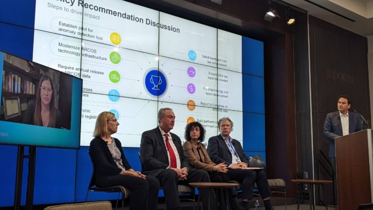 Members of the 2021-22 Olin Brookings Commission present policy recommendations to an audience at the Brookings Institution on April 27, 2022. Commission members from left: The Hon. Mary Bono, Dr. Ann Marie Dale, Van Ingram, Gina Papush, Darrell West and Anthony Sardella, commission chair.