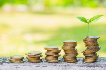 Iconic image representing startup funding: coins stacked in ascending heights from left to right with a plant sprouting from the highest stack.