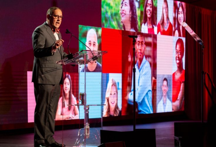 Chancellor Andrew D. Martin announces Make Way: Our Student Initiative during an Oct. 6 event in Tisch Park. (Photo: Jerry Naunheim Jr./Washington University)