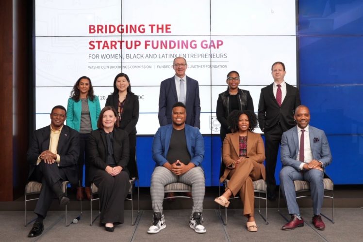 Commission members, front row from left: Martin Hunt, Lori Coulter, Akeem Shannon, Charli Cooksey and Andre Perry (not pictured, Morgan DeBaun). Back row, faculty conveners and students, from left: Aditi Vashist, Ming zhu Wang, Doug Villhard, Gisele Marcus and Daniel Elfenbein.