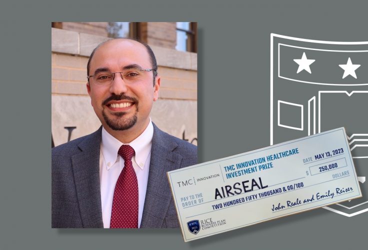 Dr. Mohamed A. Zayed, EMBA 2023, with an image of the check he and his team received at the Rice Business Plan Competition in Houston.