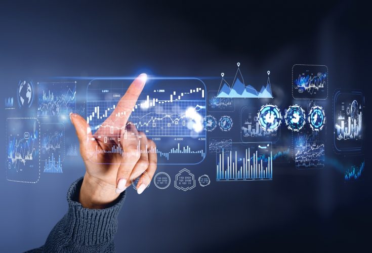 Woman finger touching virtual screen with forex diagrams and graphs. Digital financial data analysis and global statistics. Concept of managing big data.