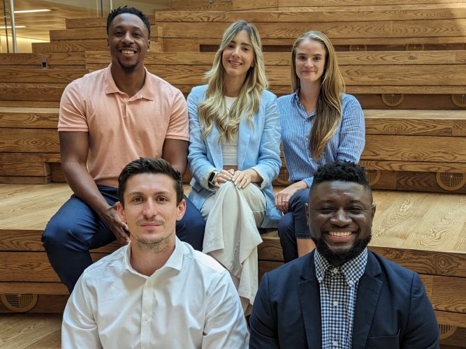 Back row: Chris Pitts, Maria Kamila Severiche and Helena Valentine. Front row: Jacob Hibbert and Kenneth Thomas. All five members of the MBA class of 2025 started their fellowship at the beginning of the academic year.