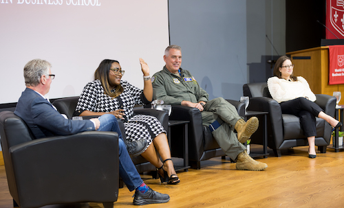 From left, Kurt Greenbaum, Olin communications director and event moderator, Kendra Kelly, MBA 2021 and marketing director at Lancome, L'Oreal, US Air Force Gen. Mike Minihan and Hannah Birnbaum, assistant professor of organizational behavior.